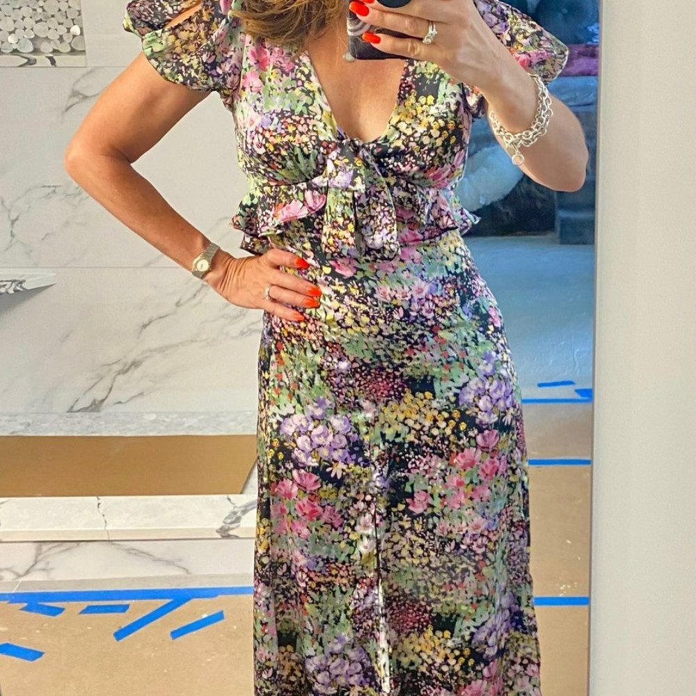 TopShop Watercolor Floral Cutout Satin Midi Dress